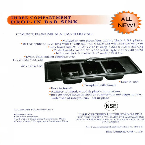 Espresso Cart Sink - Large Three Compartment W/ Drain Boards - Special Order Item 2 Espresso Cart Sink - Large Three Compartment W/ Drain Boards - Special Order Item - Image 2